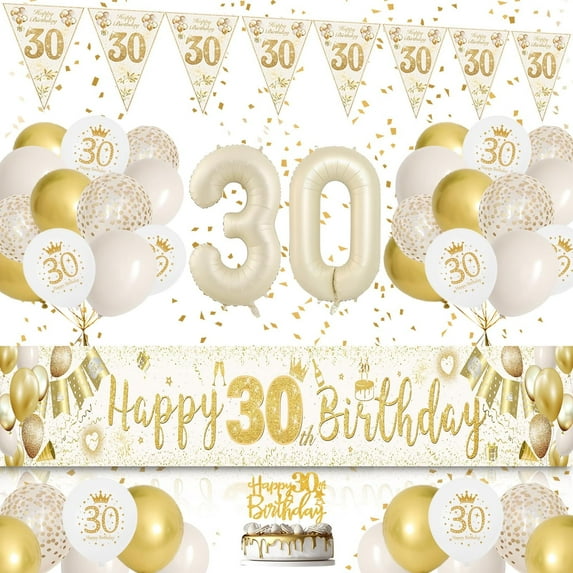 YANSION Women 30th Birthday Decorations, Sand White Gold Happy 30th Birthday Yard Banner, 30th Happy Birthday Balloons for Girlfriend Sister Wife 30th Anniversary Birthday Party Supplies