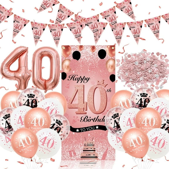 YANSION Women 40th Birthday Decorations, Happy 40th Birthday Backdrop Banner Pennant Banner Pink Rose Gold Balloons, Lady 40 Years Old Party Supplies, Pink Rose Gold 40 Birthday Decor 40th Bday