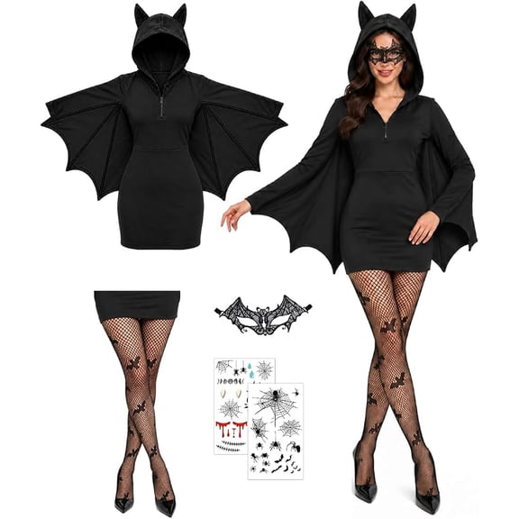 YANSION Women Bat Costume for Halloween , Fishnet Stockings, Black Lace Mask, Temporary Tattoos, Carnival, Cosplay Set, L