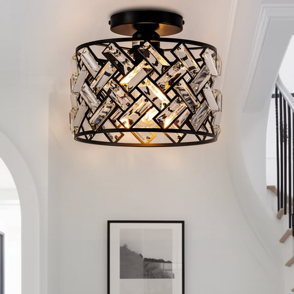 YANSUN 1-Light Black Semi Flush Mount Ceiling Light Cylinder Ceiling Fixture E26 Modern Industrial Ceiling Lamp (Bulb Not Included)
