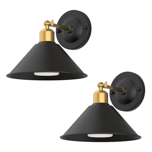 YANSUN 1-Light Black and Gold Bell Wireless Wall Sconces for Bedroom, Dimmable LED Lights with Remote Control (2-Pack)