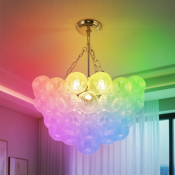 YANSUN  1-Light Chrome Bubble Ball Glass Integrated LED Chandelier, RGBCW Dimmable Glass Cluster Ceiling Light for Dining Room, Living Room