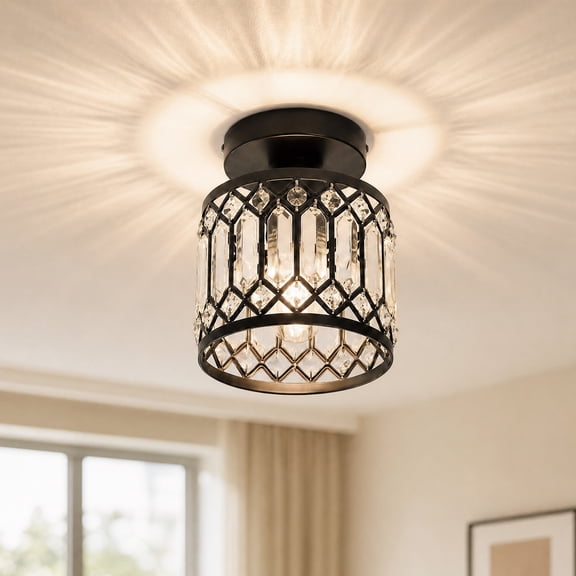 YANSUN 1-Light Crystal Flush Mount Ceiling Light, Matte Black Metal Grid Frame, Clear Crystal Accents, E26 Base, 110V, Bulbs Not Included