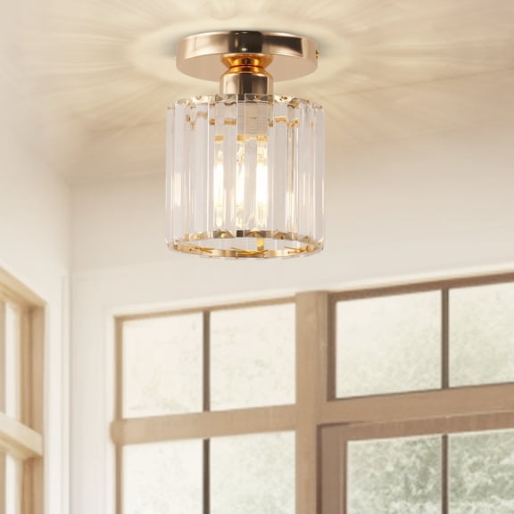 YANSUN 1-Light Gold Semi Flush Mount Ceiling Light Crystal Cylinder Ceiling Fixture E26 Modern Luxury Ceiling Lamp (Bulb Not Included)