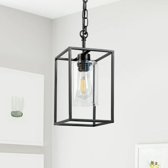 YANSUN 1-Light Industrial Metal Lantern Pendant Light, Mini Black Finish with Clear Glass Shade for Dining Room, Kitchen, Cafe, and Bar