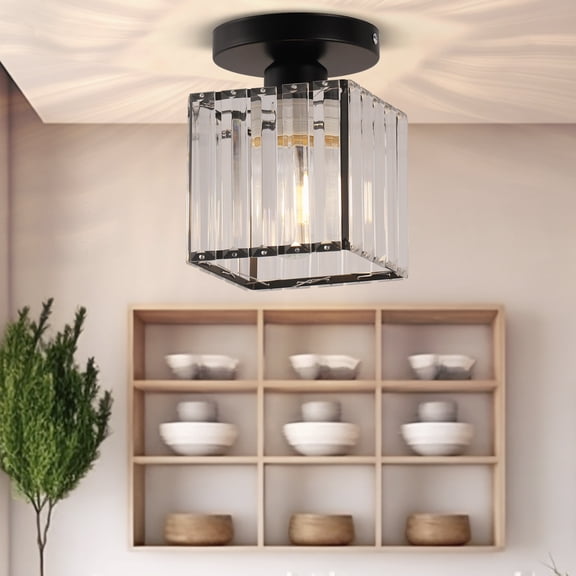 YANSUN 1-Light Modern Black Semi Flush Mount Ceiling Light with Crystal Bars Square Shade E26 Ceiling Fixture for Hallway Bedroom Kitchen