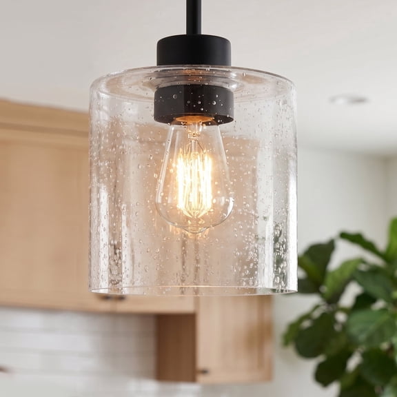 YANSUN 1-Light Modern Matte Black Cylindrical Pendant, Adjustable Height Ceiling Lighting Fixture with Bubble Glass Shade for Kitchen Island, Dining Room, Foyer