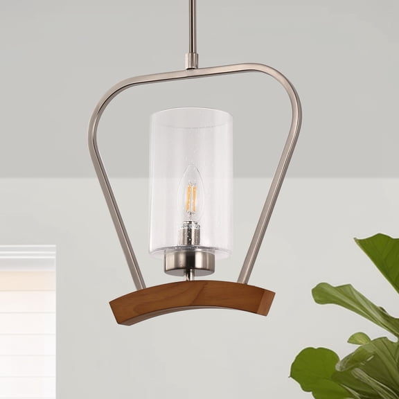 YANSUN 1-Light Pendant Light, Brushed Nickel Light Fixture Bubble Glass Shade & Wood Accent, E12 Base, Modern Farmhouse Hanging Lighting for Kitchen Island, Dining Room