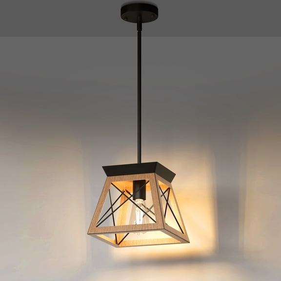 YANSUN 1-Light Wood Grain Lantern Pendant Light, Vintage Farmhouse Basket Chandelier for Bedroom, Kitchen, Dining Room, Foyer