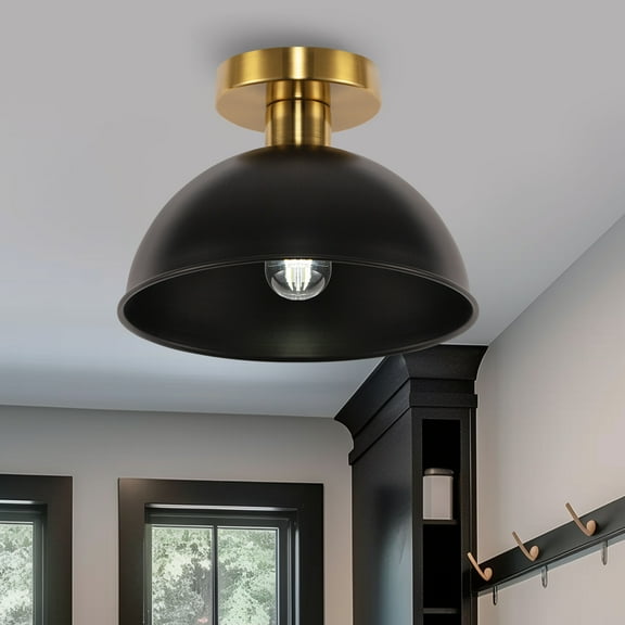 YANSUN 10.1in 1-Light Semi Flush Mount Ceiling Light, Black & Gold Metal Dome Shade, E26 Base, Modern Industrial Close to Ceiling Light for Hallway, Entryway, Bedroom