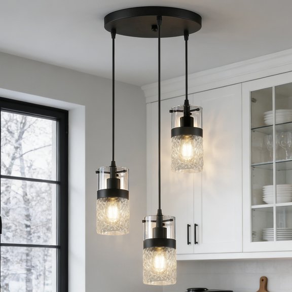 YANSUN 11.8 in Matte Black 3-Light Cluster Pendant Light, Farmhouse Industrial Hanging Lamp with Furnace Glass Shades, Adjustable Height for Dining Room, Kitchen Island