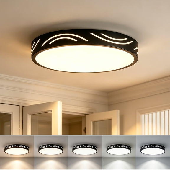YANSUN 11.8in LED Flush Mount Ceiling Light, Black Metal Hollow Design, 5CCT Dimmable, 24W Round Ceiling Lamp for Bedroom Living Room Kitchen