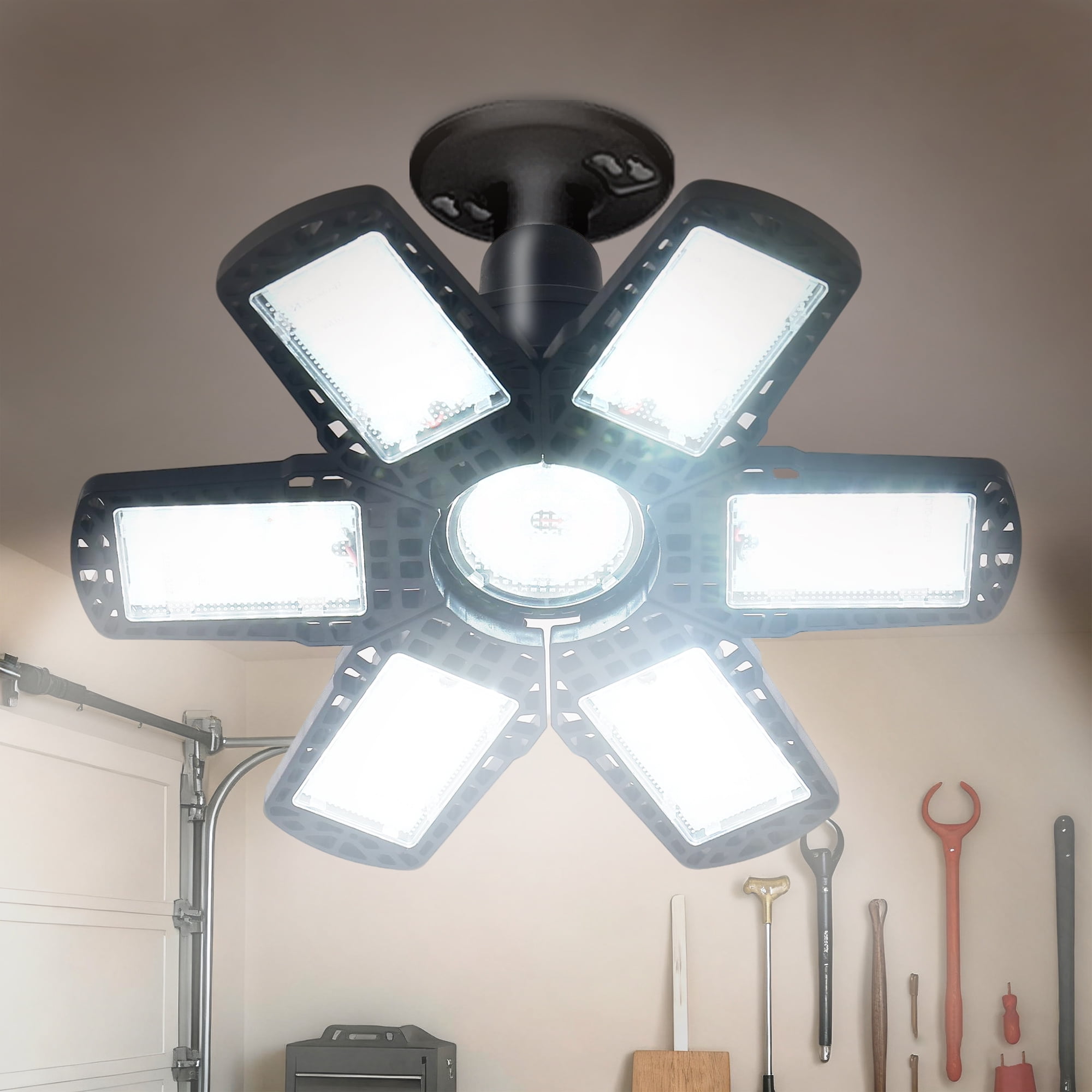 YANSUN 11 in 48W Black LED Flush Mount Garage Ceiling Light with 6 Foldable Adjustable Panels for Basement, Garage, Workshop, Utility Room
