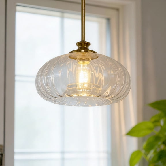 YANSUN 11in 1-Light Gold Modern Glass Pendant Light, Adjustable Height with Clear Ribbed Glass Shade, E26 Bulb for Kitchen Island Dining Room Foyer, Sloped Ceiling Compatible