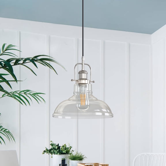 YANSUN 11in 1-Light Industrial Pendant Light, Adjustable Height Nickel Hanging Ceiling Lamp with Clear Glass Shade, E26 Base for Kitchen Island, Dining Room, Foyer
