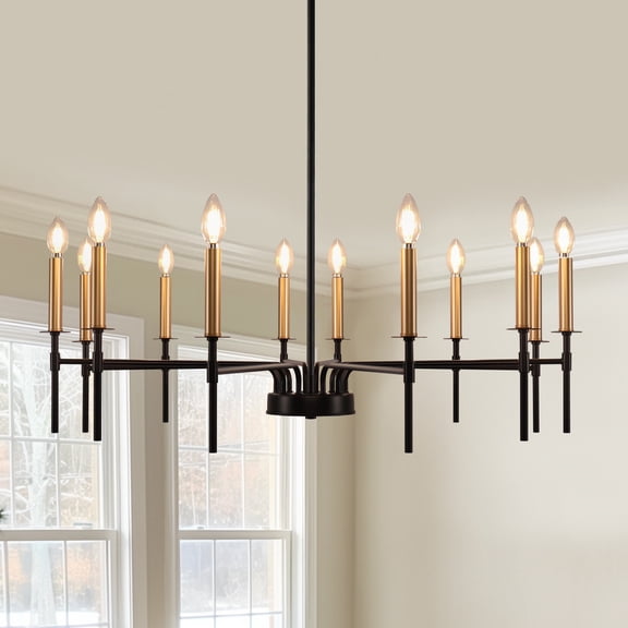 YANSUN 12-Light Black and Gold Modern Farmhouse Chandelier, Large Candle-Style Hanging Ceiling Light for Kitchen Island Dining Room Over Table