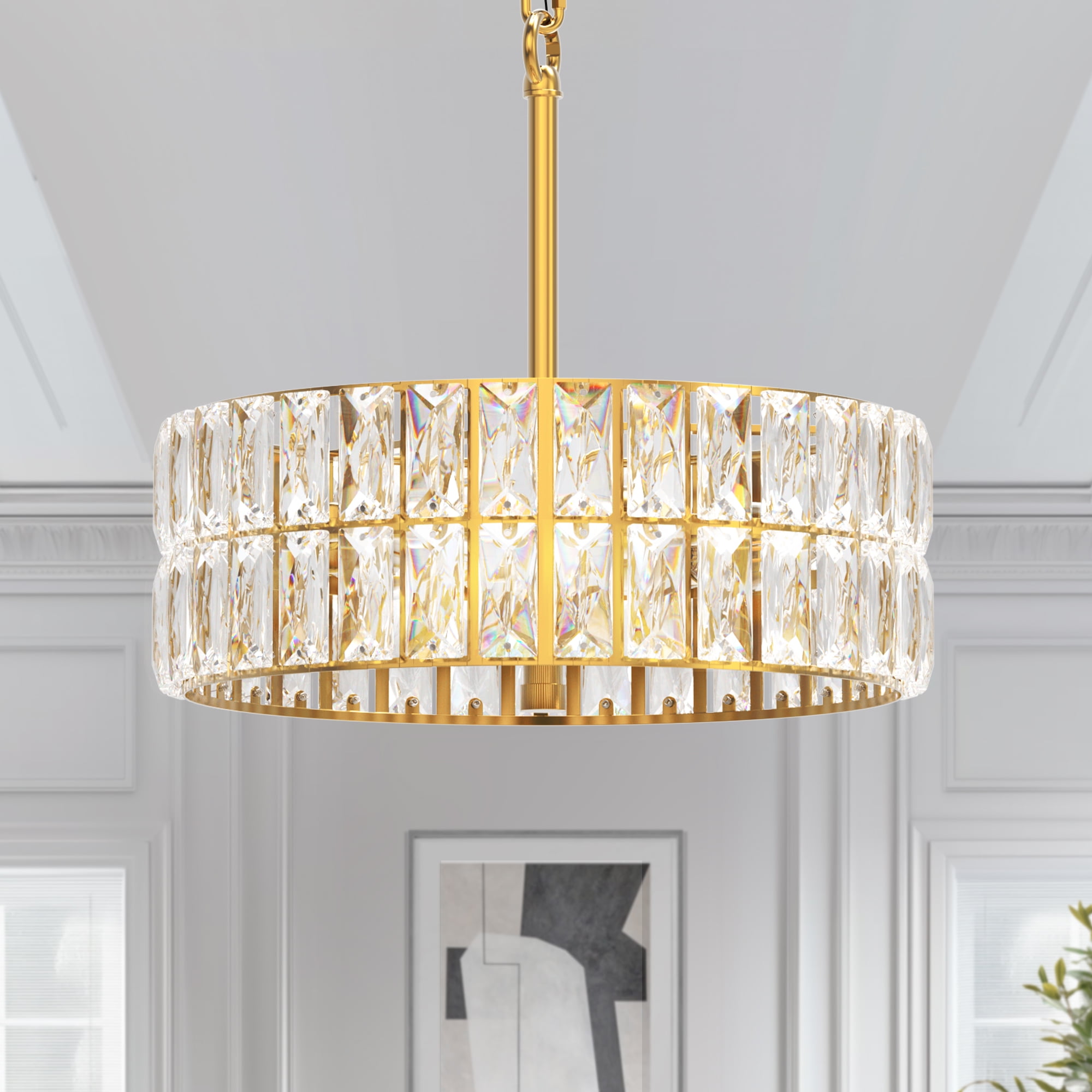 YANSUN 12’’ Round Gold Crystal Chandelier, 6-Light Semi Flush Mount ...