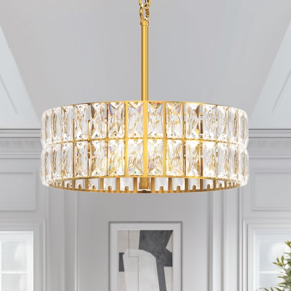 YANSUN 12 Round Gold Crystal Chandelier, 6-Light Semi Flush Mount Ceiling Light Fixture for Living Room, Bedroom, Kitchen, Entryway