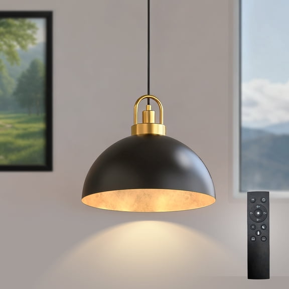 YANSUN 12 in 2-Pack Modern Adjustable Pendant Light with Remote Control, Matte Black and Gold, for Dining Room Kitchen