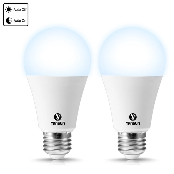 YANSUN 12W Dusk to Dawn Light Bulbs, 1000LM 100W Equivalent LED Replacement for Incandescent Lamps, 5000K Daylight, A19 E26 Automatic Sensor, Outdoor Indoor Lighting for Porch, Garage, Patio, 2Pcs