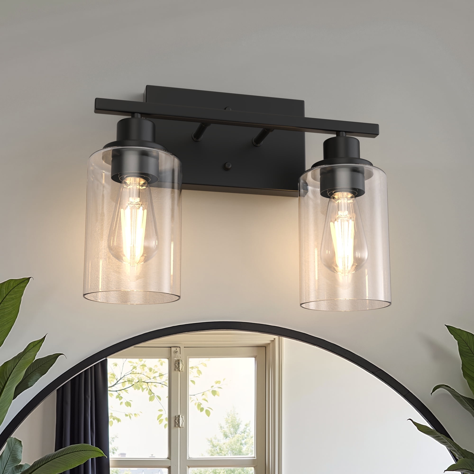 YANSUN 13.4 in 2-Light Matte Black Industrial Bathroom Vanity Light with Clear Glass Shades, Vanity Light for Bathroom, Hallway, Mirror, Laundry Room