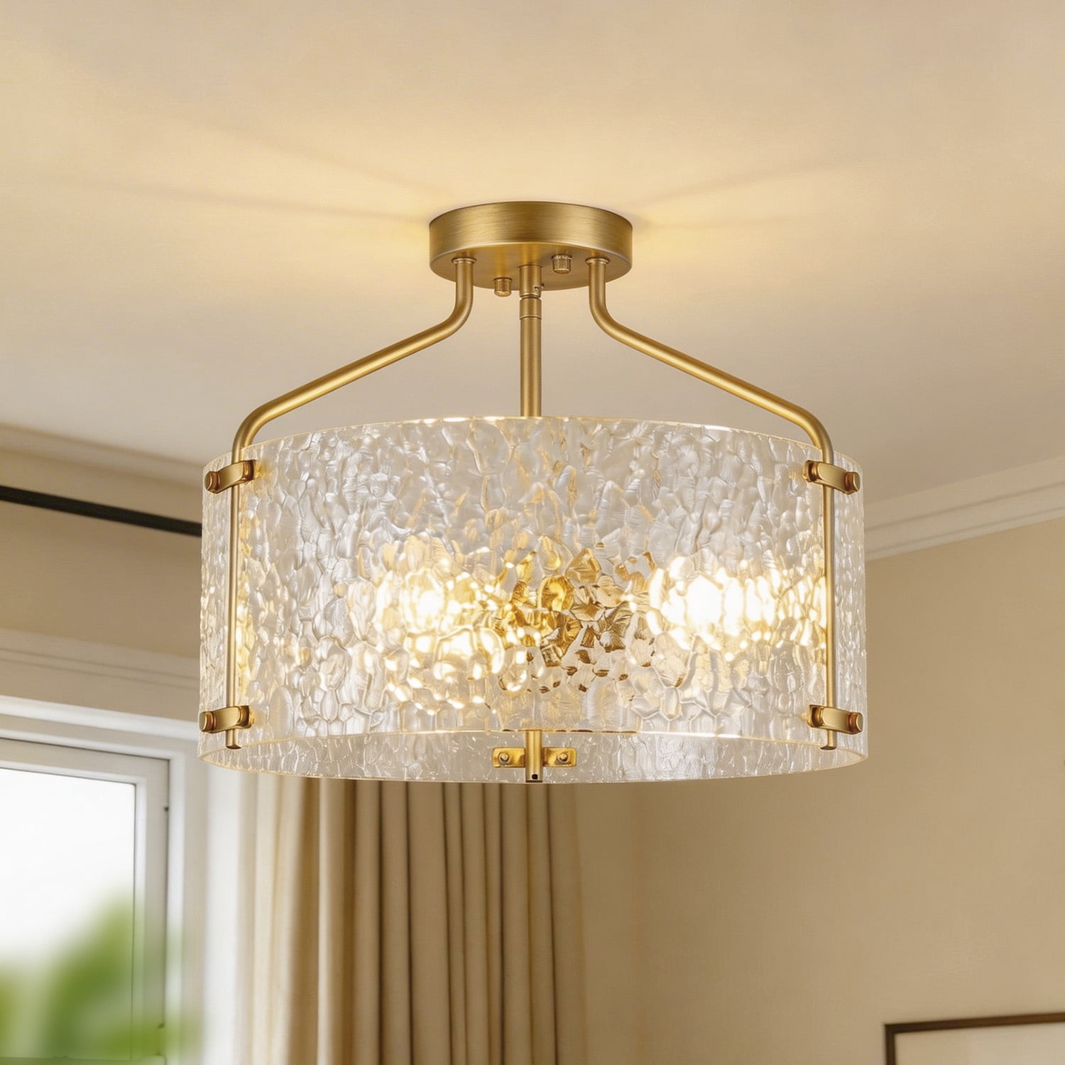 YANSUN 15.4in 3-Light Gold Semi Flush Mount Ceiling Light with Textured Clear Glass Shade, E26 Base Industrial Modern Light Fixture for Bedroom Hallway Kitchen
