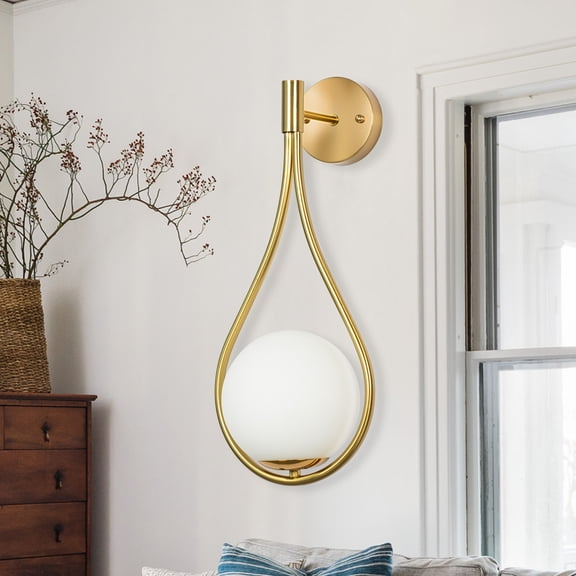 YANSUN 15.7" Gold Single Wall Sconce, Modern Teardrop Shape with White Glass Shade, E26 Base for Living Room, Bedroom, Hallway