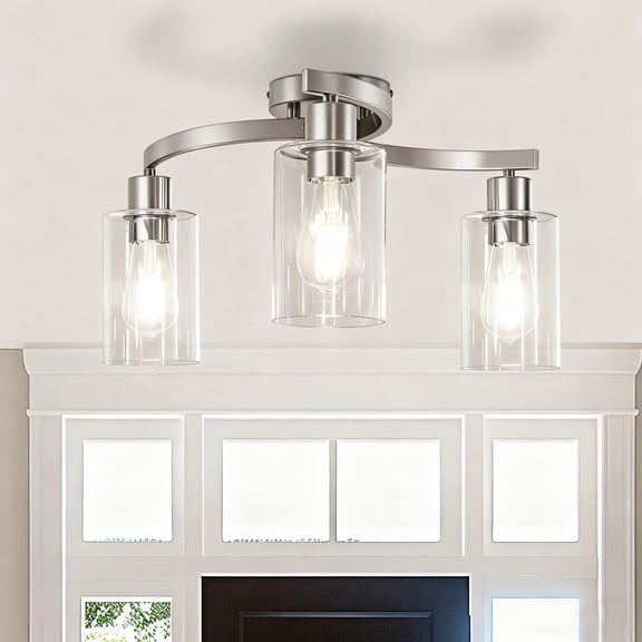 YANSUN 16.5in 3-Light Semi Flush Mount Ceiling Light, Modern Curved Metal & Glass Shade Fixture with E26 Base (Bulbs Not Included), Brushed Nickel Finish for Bedroom, Kitchen, Hallway