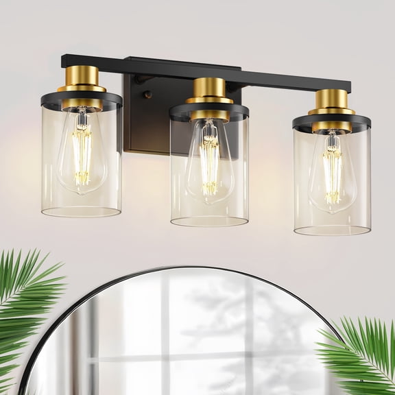 YANSUN 17 in 3-Light Black and Gold Bathroom Vanity Light, Bathroom Light Fixtures Over Mirror with Clear Glass Shade Modern Wall Sconces Lighting Bath Wall Lights Lamp for Mirror Bedroom Hallway