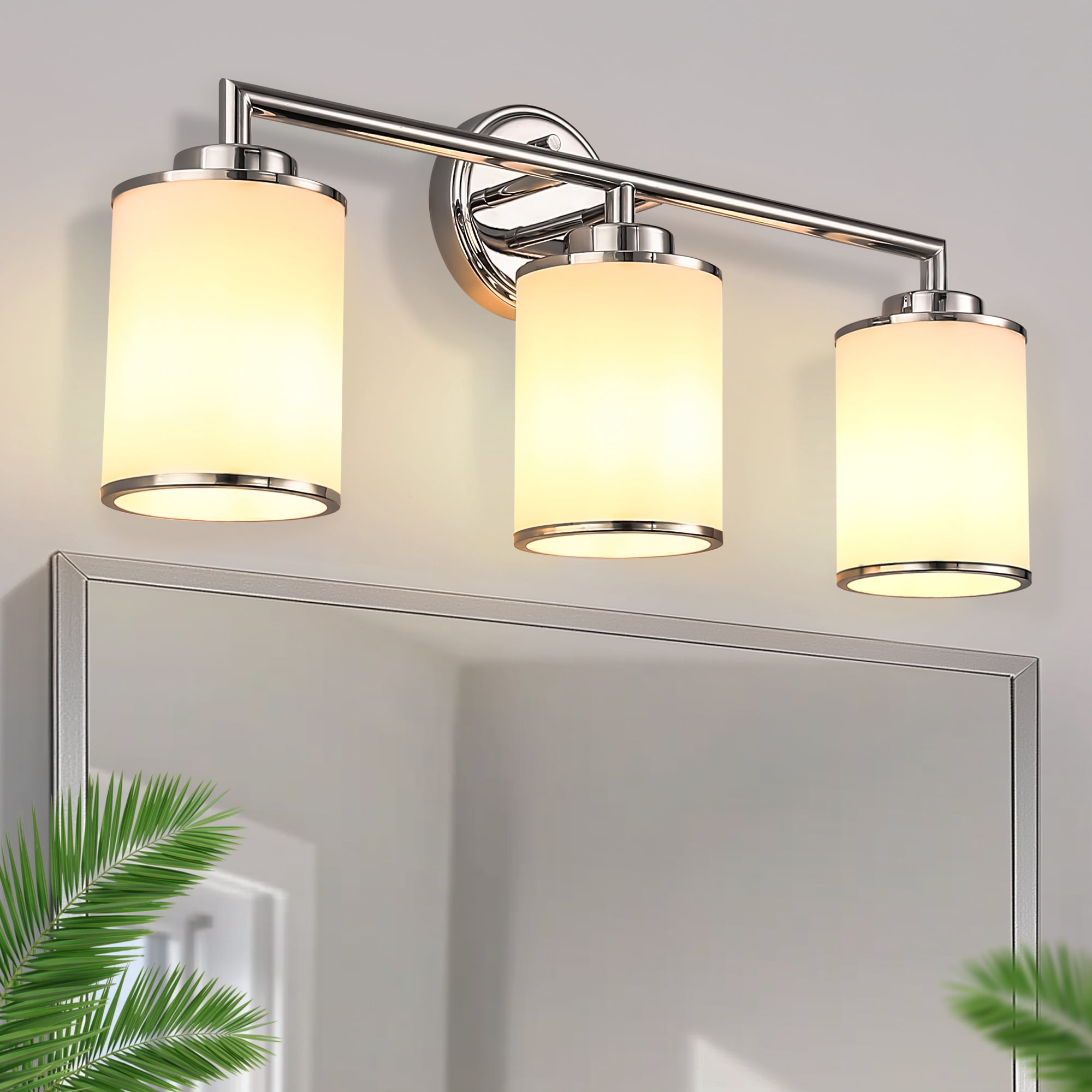 YANSUN 17.4in 3-Light Bathroom Vanity Light Fixture, Modern Chrome Wall Sconce with Glass Shades, E26 Base for Makeup Room Dressing Table Bathroom