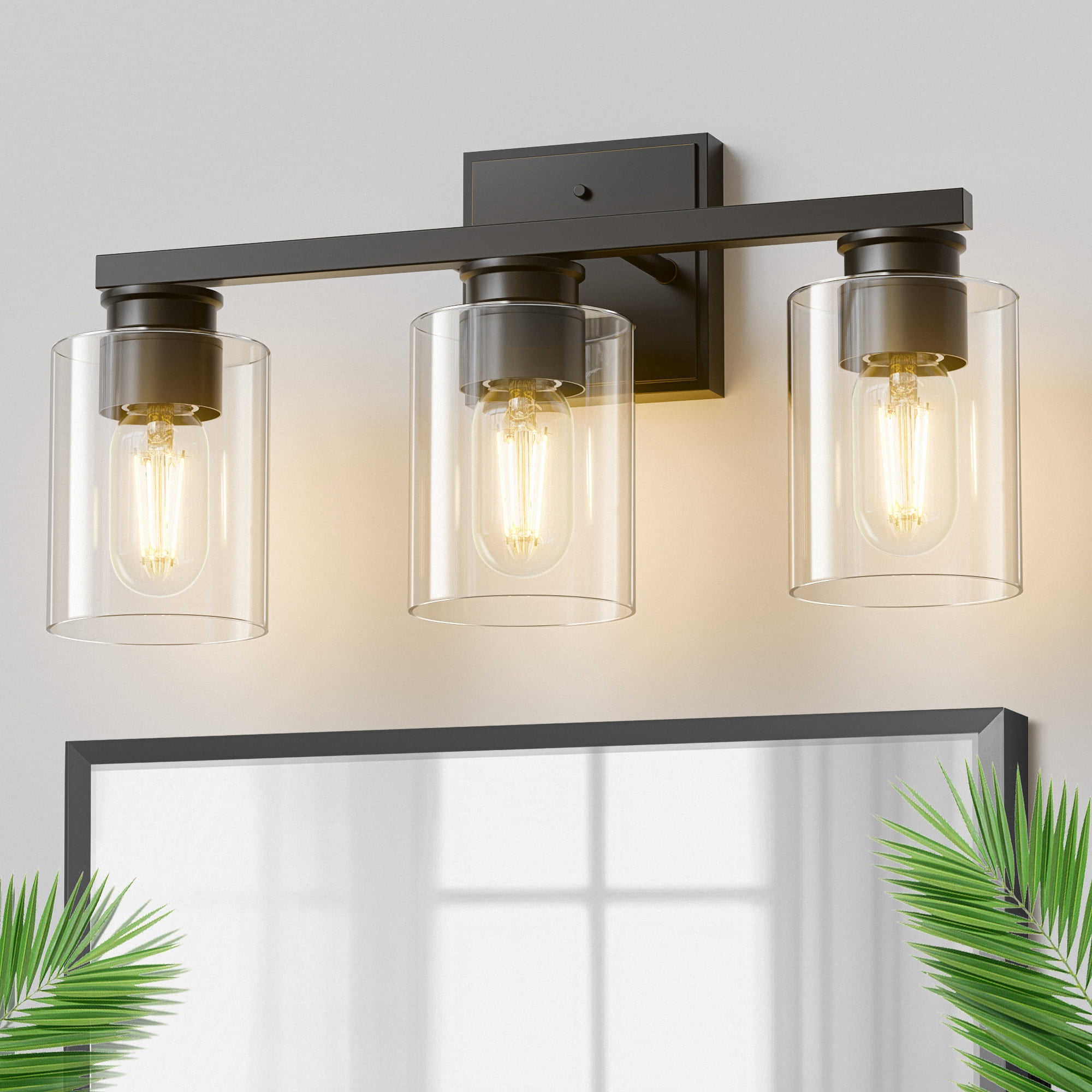 YANSUN 17.7 in 3-Light Black Vanity Light with Clear Glass, Modern Wall Sconces, Bathroom Lighting Fixtures Over Mirror for Living Room, Bathrooms, Powder Rooms, or Vanity Nooks