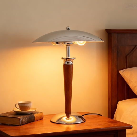 YANSUN 17.7 in Retro Flying Saucer Table Lamp, Wood & Metal Vintage Design, Dual Head for Living Room Bedroom Office