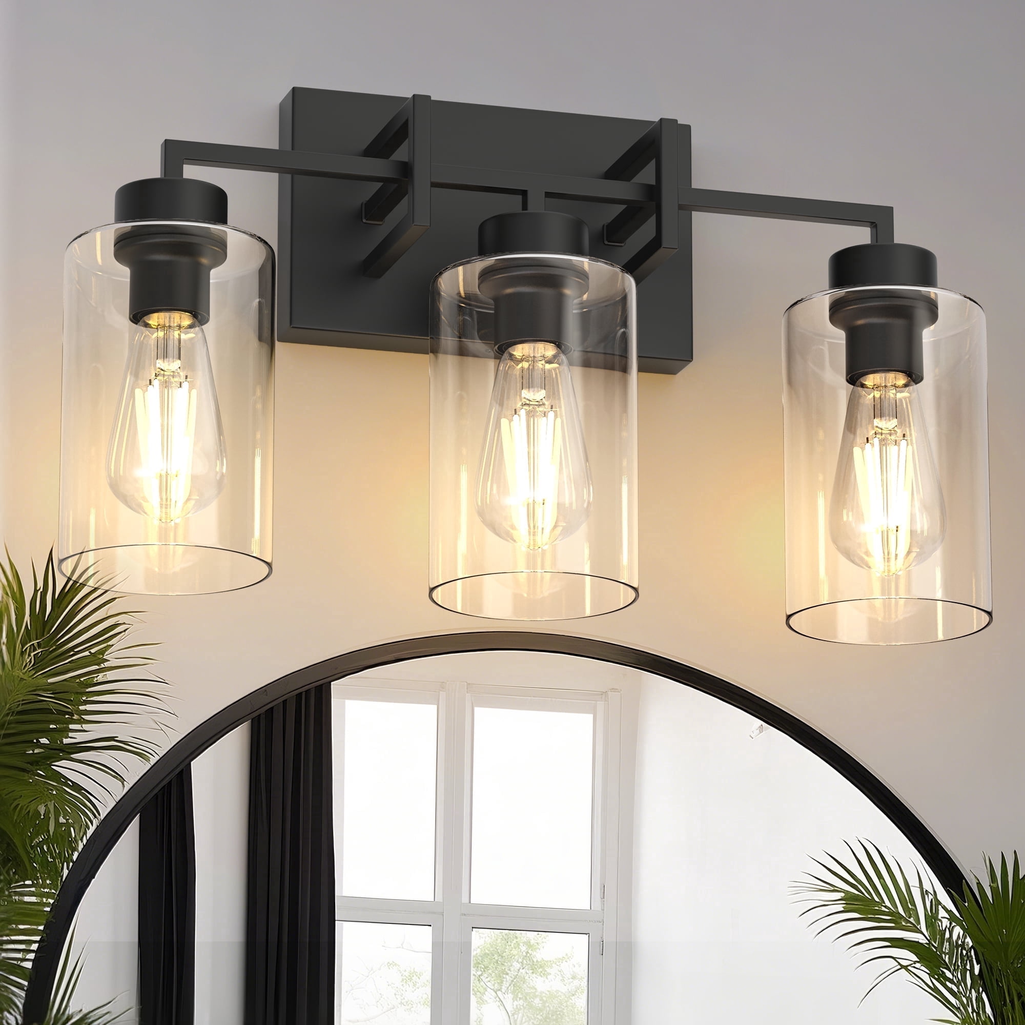 YANSUN 17.71 in 3-Light Black Farmhouse Bathroom Vanity Light with Glass Shades, Vanity Lights for Living Room Bedroom Hallway, E26 Bulb Base