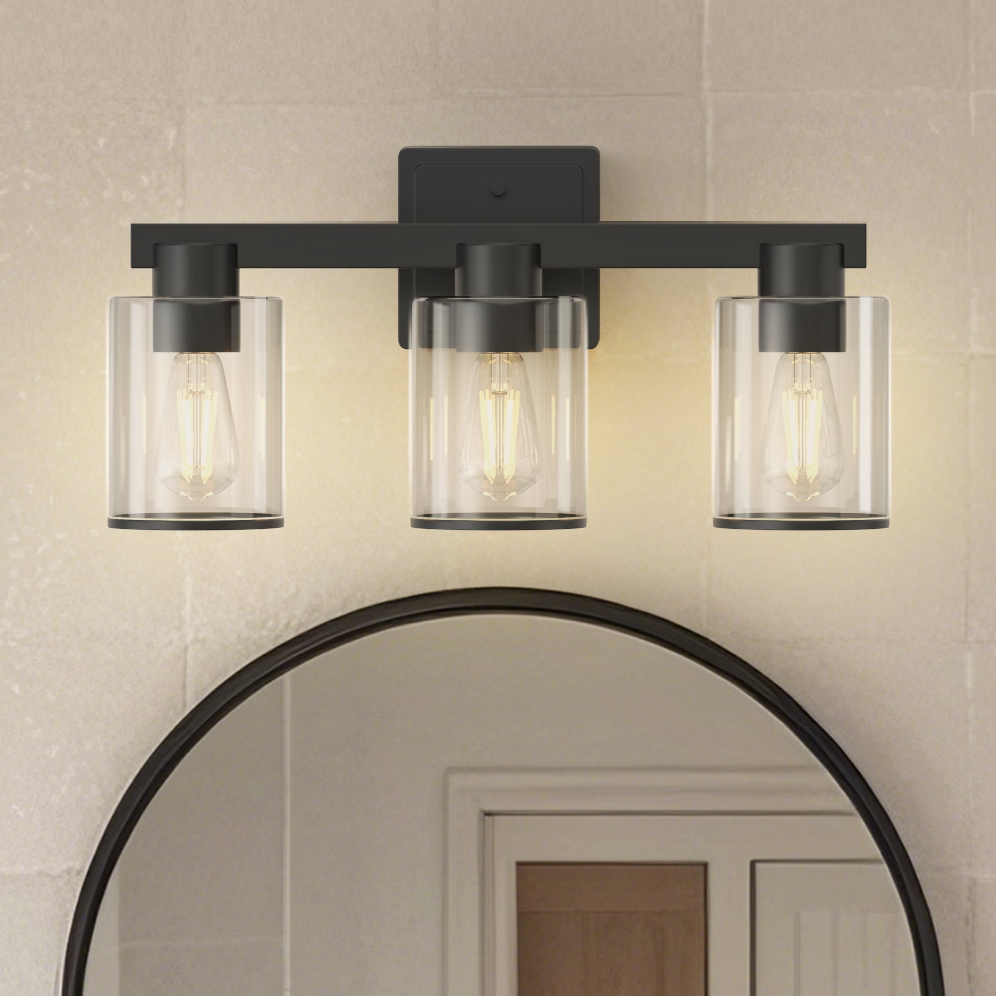 YANSUN 17.7in 3-Light Industrial Vanity Light with Clear Glass Shades, Black Bathroom Wall Sconce for Mirror, Bedroom & Living Room