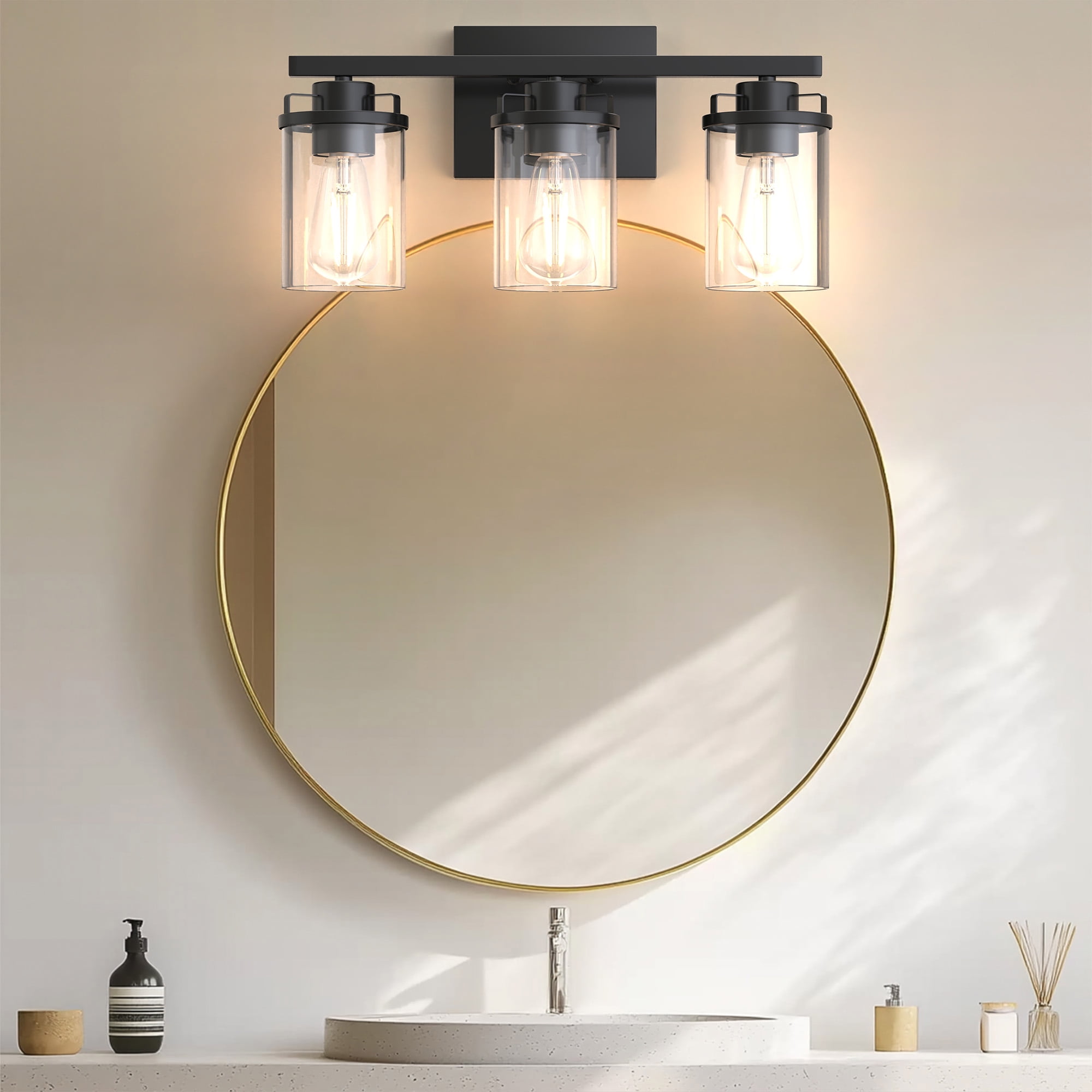 YANSUN  17.8 in 3-Light Black Vanity Light with Clear Glass Shades for Budget Bathrooms, Powder Room, Vanity Table