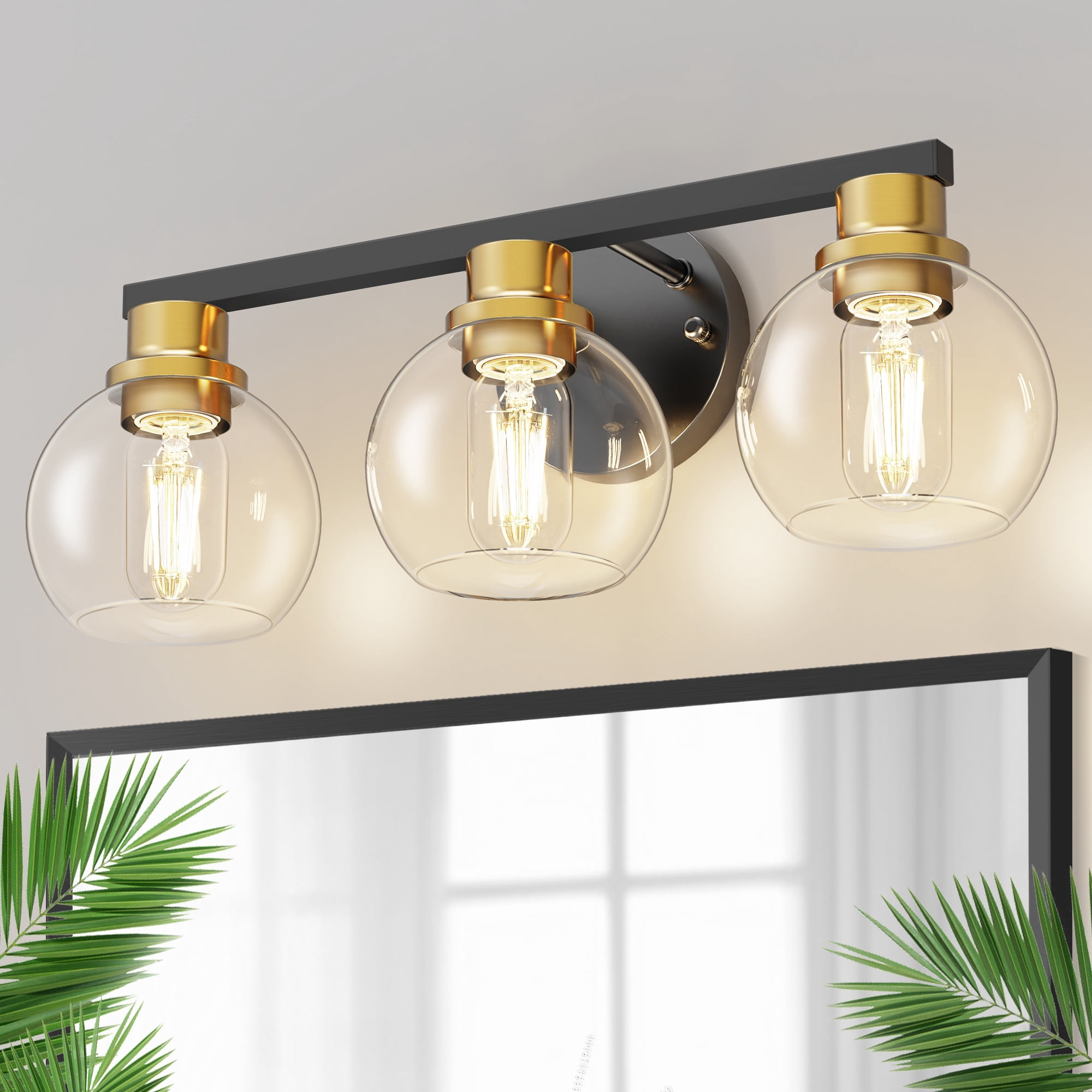 YANSUN 18.9 in 3-Light Black and Gold Bathroom Vanity Light, LED Interior Powder Room Lighting with Clear Globe Shades, for Bathroom, Powder Room, Vanity Table