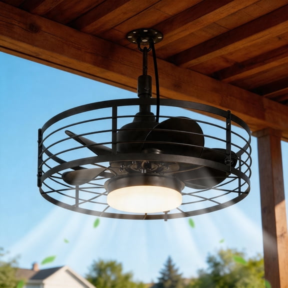 YANSUN 19.6 Inch Outdoor Ceiling Fan with Light, 52W Dimmable LED Cage Fan Light Kit, Remote Control, Reversible DC Motor, 6-Speed, 3-Color Temperature, for Patio, Porch, Indoor Living Room