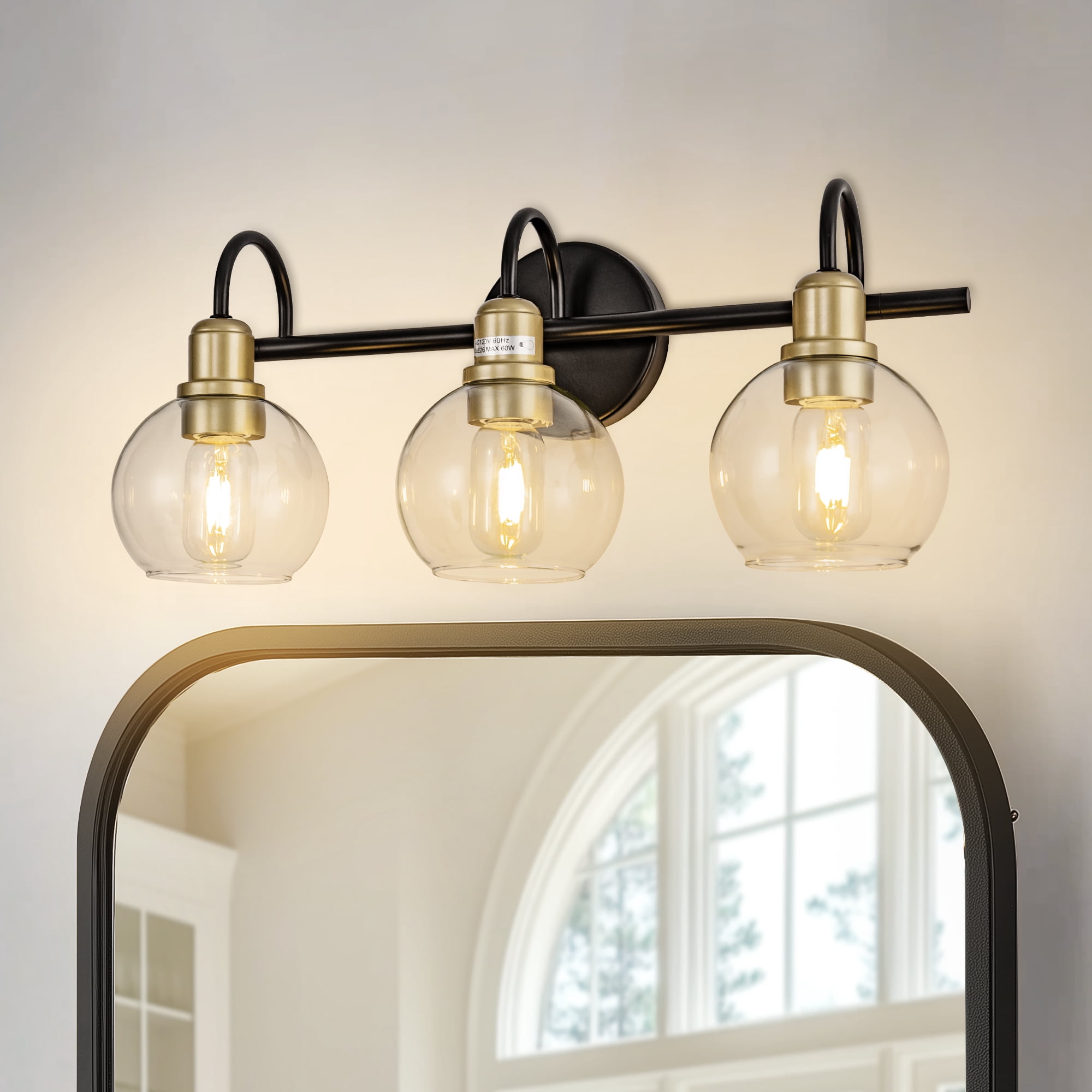 YANSUN  19.68 in 3-Light Matte Black and Gold Industrial 3-Light Bathroom Vanity Light with Clear Glass Globe Shades, for Bathroom, Powder Room, Vanity Table