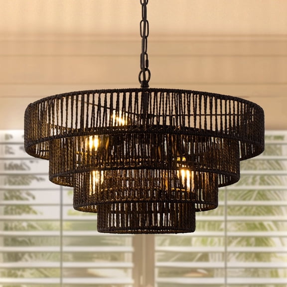 YANSUN 19.6in 6-Light Boho Chandelier, Wicker Rattan Woven Pendant Light with E12 Base (Bulbs Not Included), Adjustable Height for Dining Room, Living Room, Bedroom