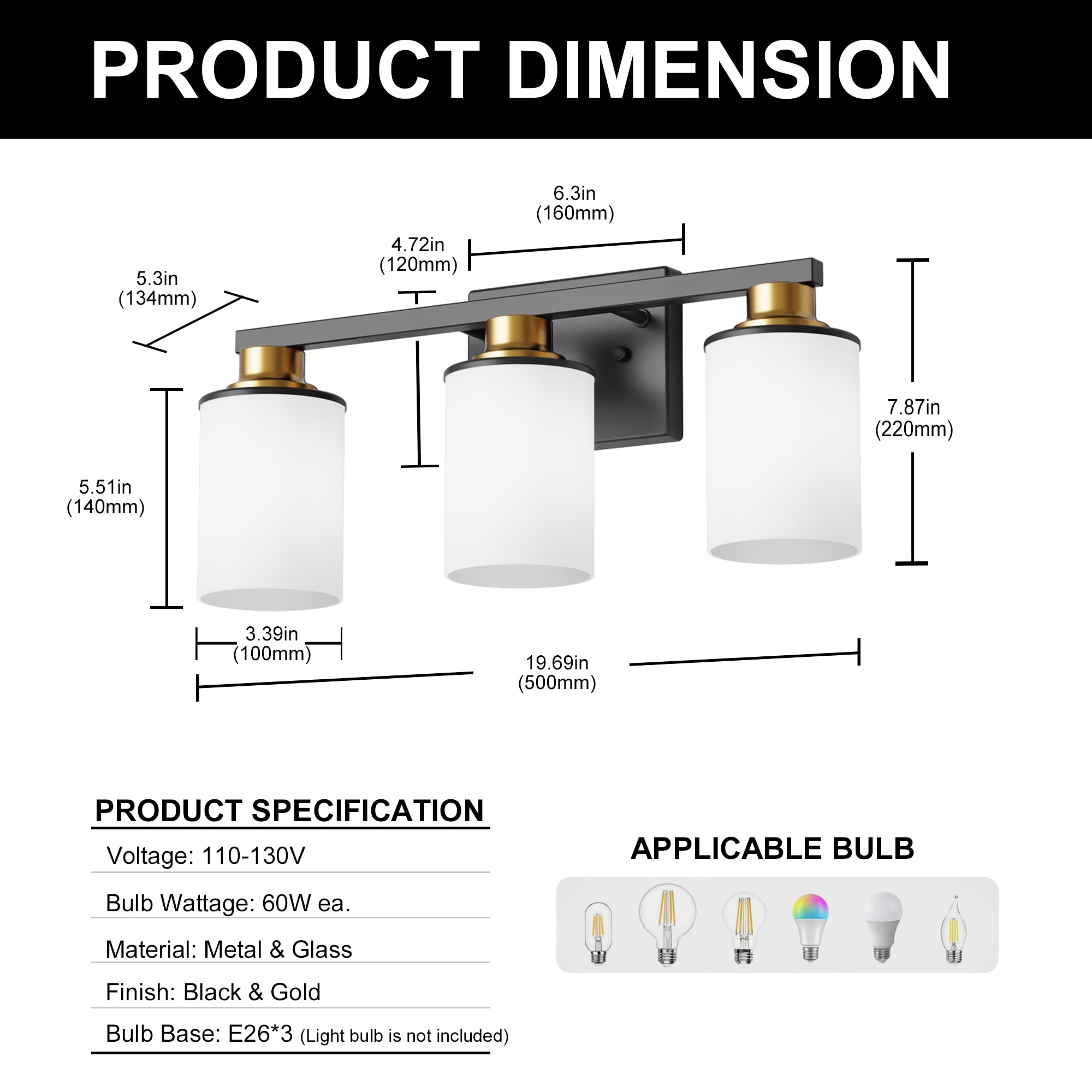 YANSUN 19.7" 3-Light Vanity Light, Black Gold Modern Bathroom Mirror Light with Frosted Glass Shades for Bathroom, Hallway