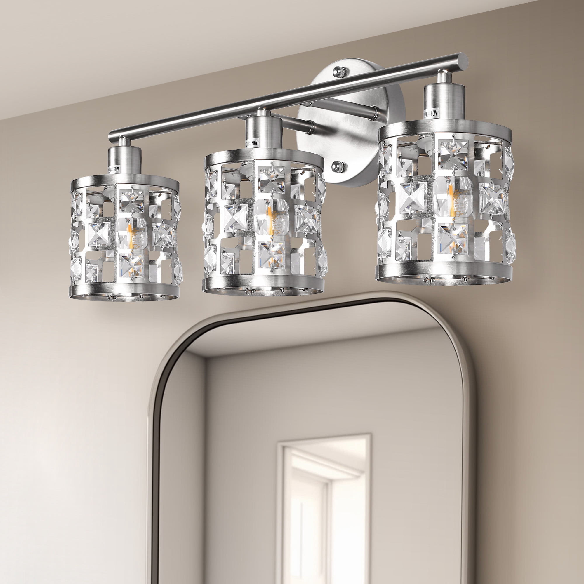 YANSUN 19.9" 3-Light Brushed Nickel Crystal Vanity Mirror Light, E12 Candelabra Base for Bathroom, Bedroom, Hallway (Bulbs Not Included)