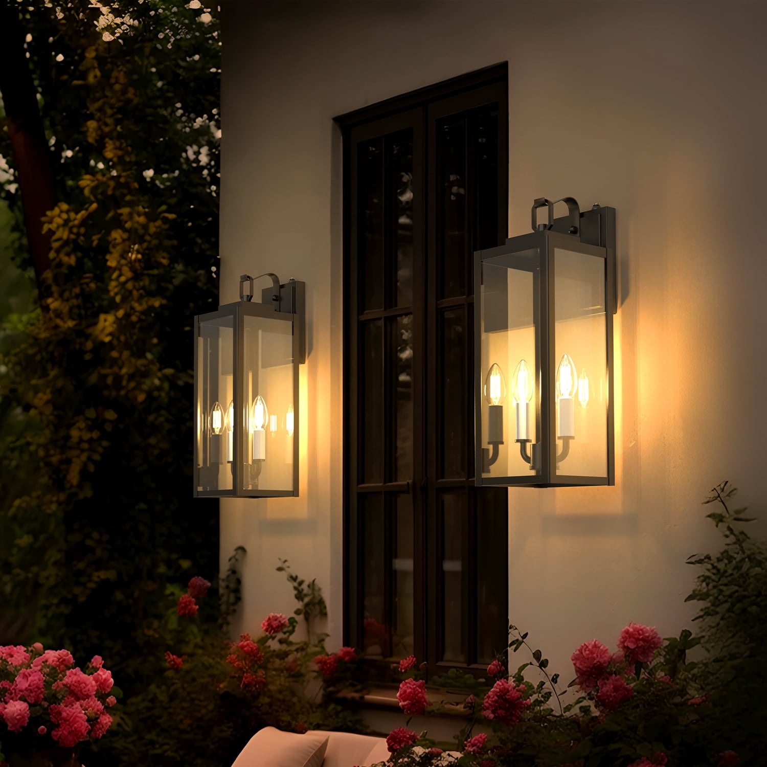 YANSUN 2-Light Black Outdoor Wall Sconce Light  with Clear Glass Shade, Dusk to Dawn Sensor, E12 Base for Porch, Patio, Front Door (Bulb Not Included)