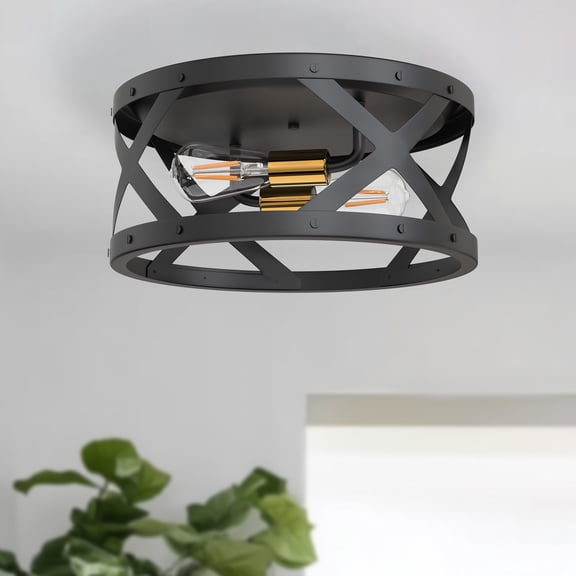 YANSUN 2-Light Industrial Flush Mount Ceiling Light - KD Style Black Fixture with Copper Accents, E26 Base