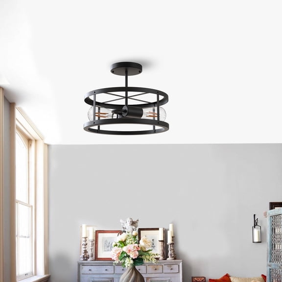 YANSUN 2 Lights Industrial Metal Cage Ceiling Lamp, Farmhouse Semi Flush Mount Ceiling Light Fixture , Matte Black Finish