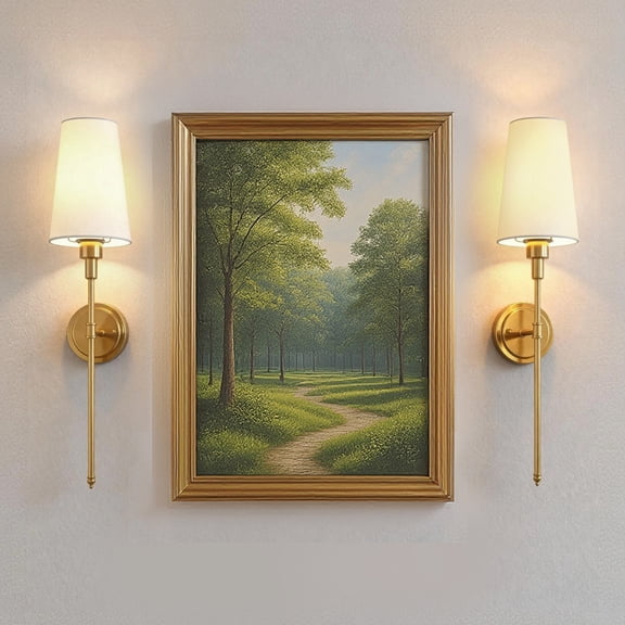 YANSUN 2 Pack 27 in 2 Pack Modern Wall Sconce with Rechargeable RGB Bulb & Remote, RGBCW, Fabric Shade Gold Finish for Bedroom Living Room