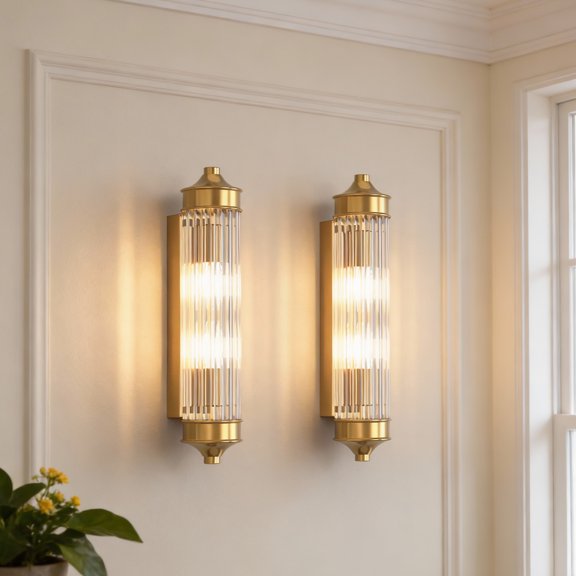 YANSUN 2-Pack Gold Crystal Wall Sconces, Modern Striped Glass Column Design, E12 Bulb Base for Bedroom, Living Room, Hallway