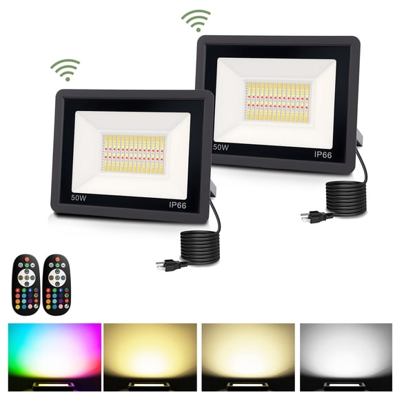 YANSUN 2-Pack RGBCW Color Changing LED Flood Light with Remote, Dusk to Dawn Sensor, 50W Equivalent, IP66 Waterproof, Black Outdoor Security Lights for Yard, Garden, Patio