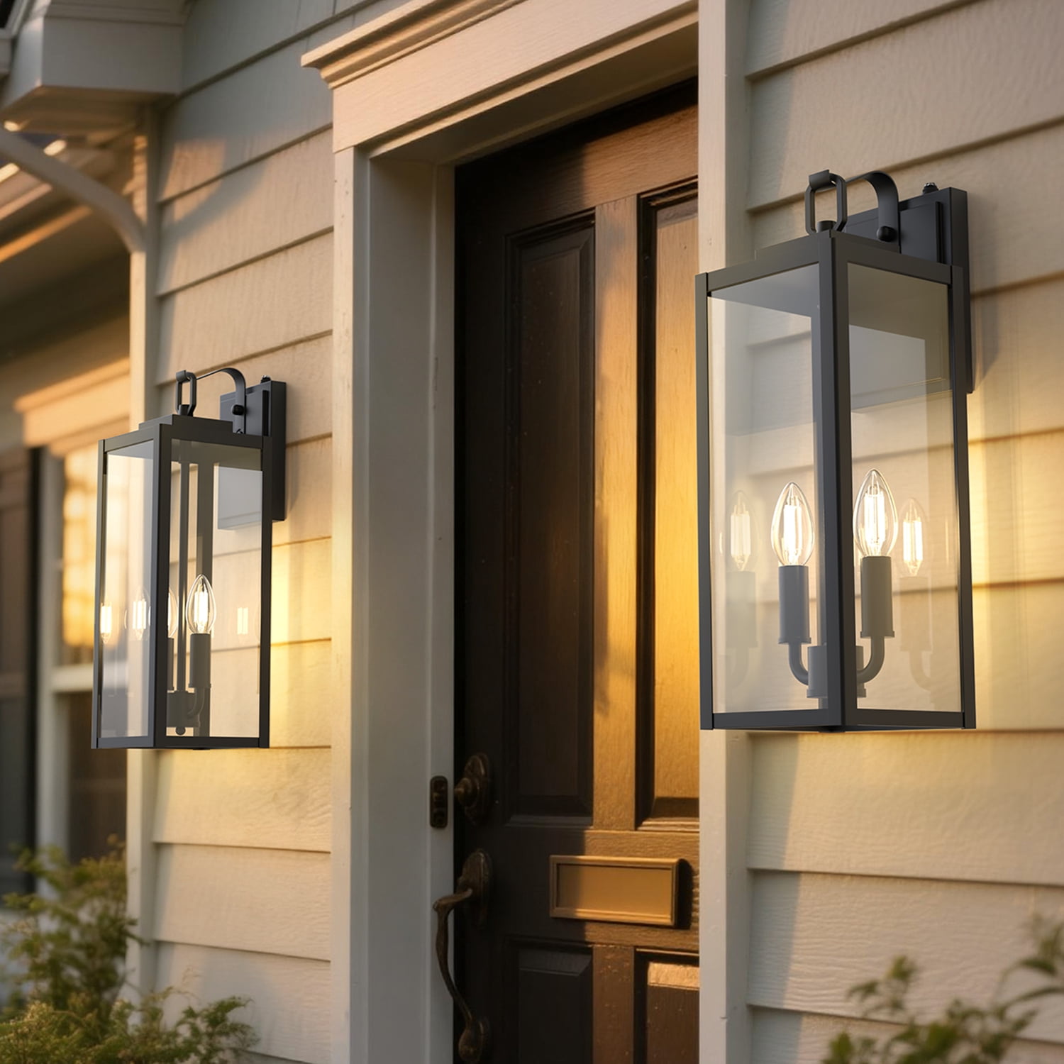 YANSUN 20.1 in Matte Black Outdoor Wall Sconce with Light Control Sensor Clear Glass Shade & Up-Curved Hook Frame, Set of 2, E12 Base for Patio, Garden, Porch