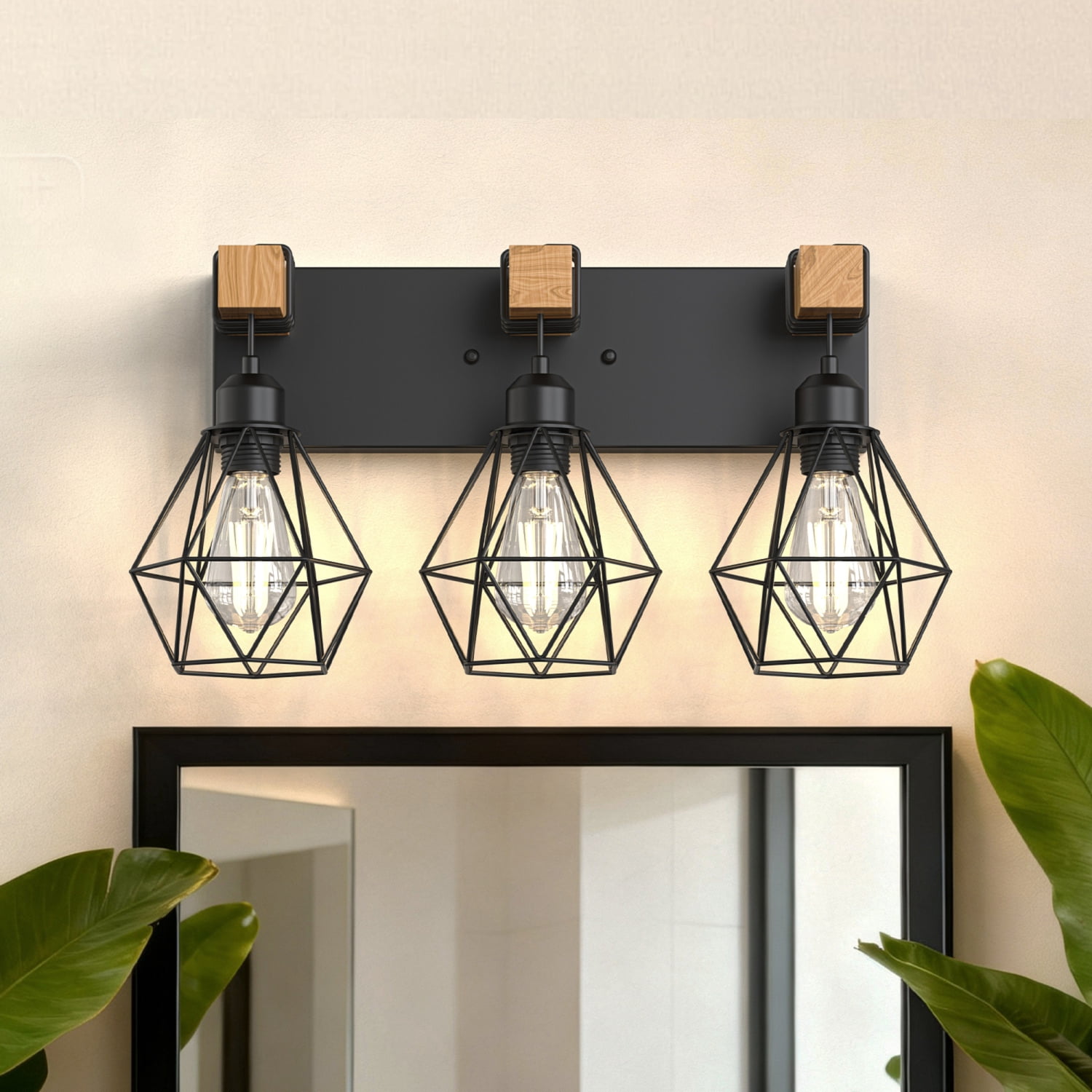 YANSUN 20.9 in 3-Light Industrial Cage Vanity Light, Black Metal and Wood Wall Sconce for Bathroom and Hallway(Bulbs Not Included)