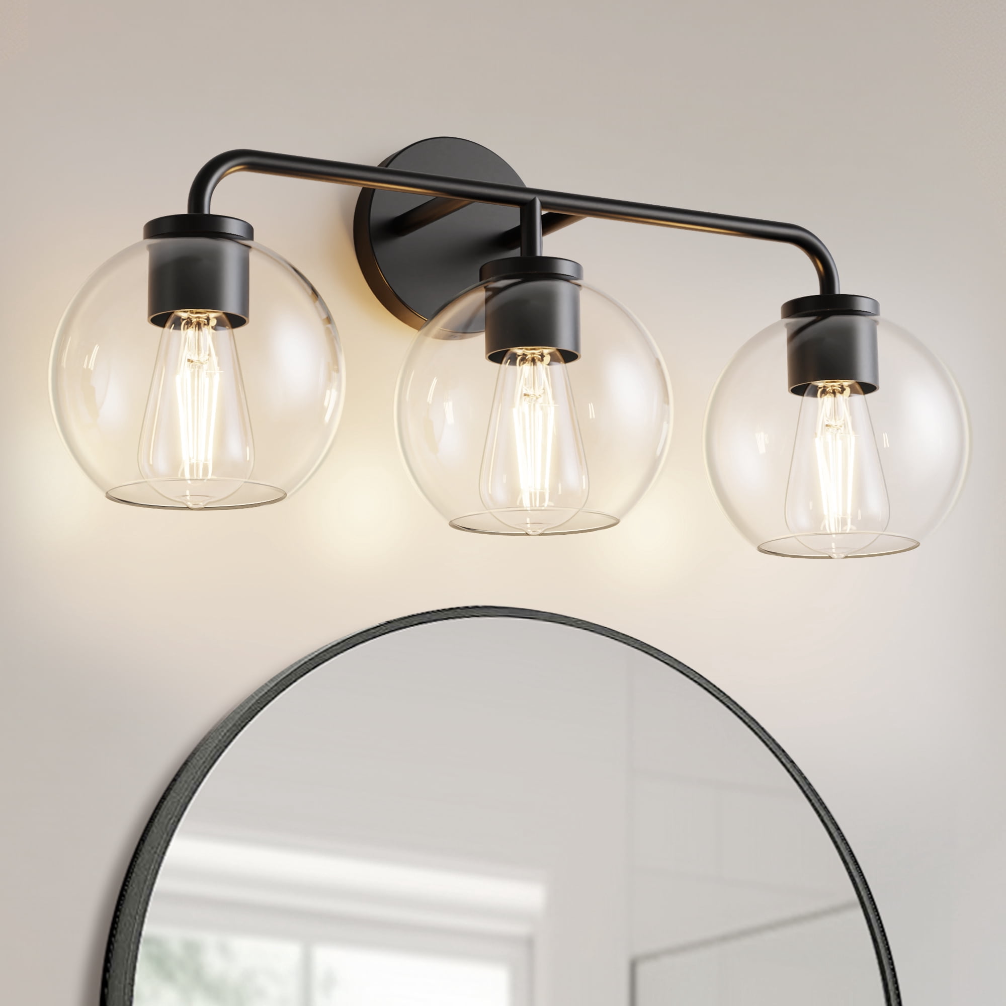 YANSUN 22.7 in 3 Light Vintage Industrial Triple Globe Vanity Light, Matte Black  Wall Sconce with Glass Shades for Bathroom Mirror, Makeup Vanity
